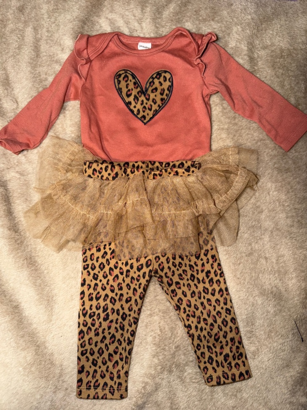 Girls Coral Leopard Heart Dance Set with Gold Tulle Tutu
